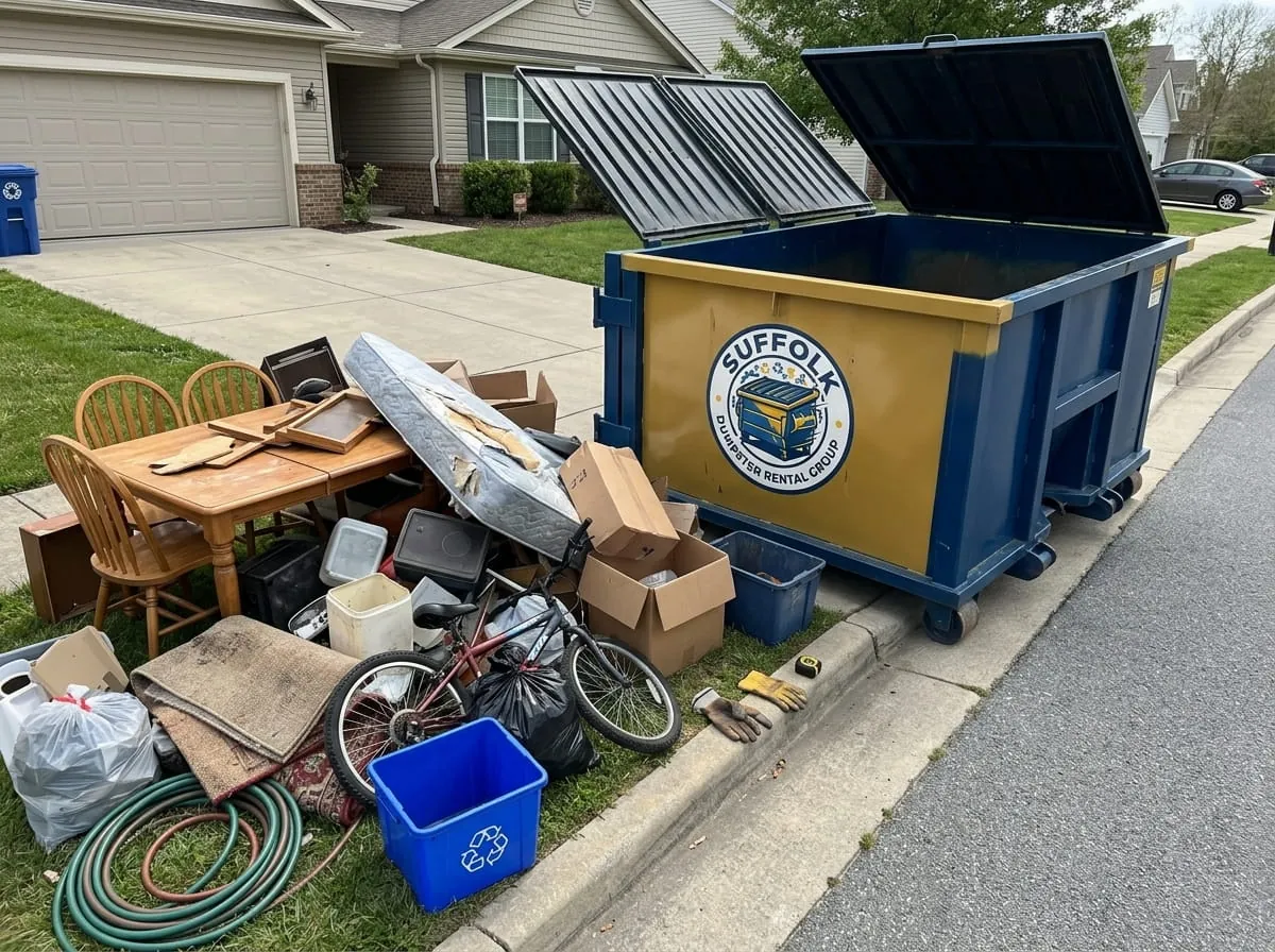 Dumpster rental in Sedley, VA Roll-off dumpster rental delivered to a Sedley, VA property by Suffolk Dumpster Rental Group