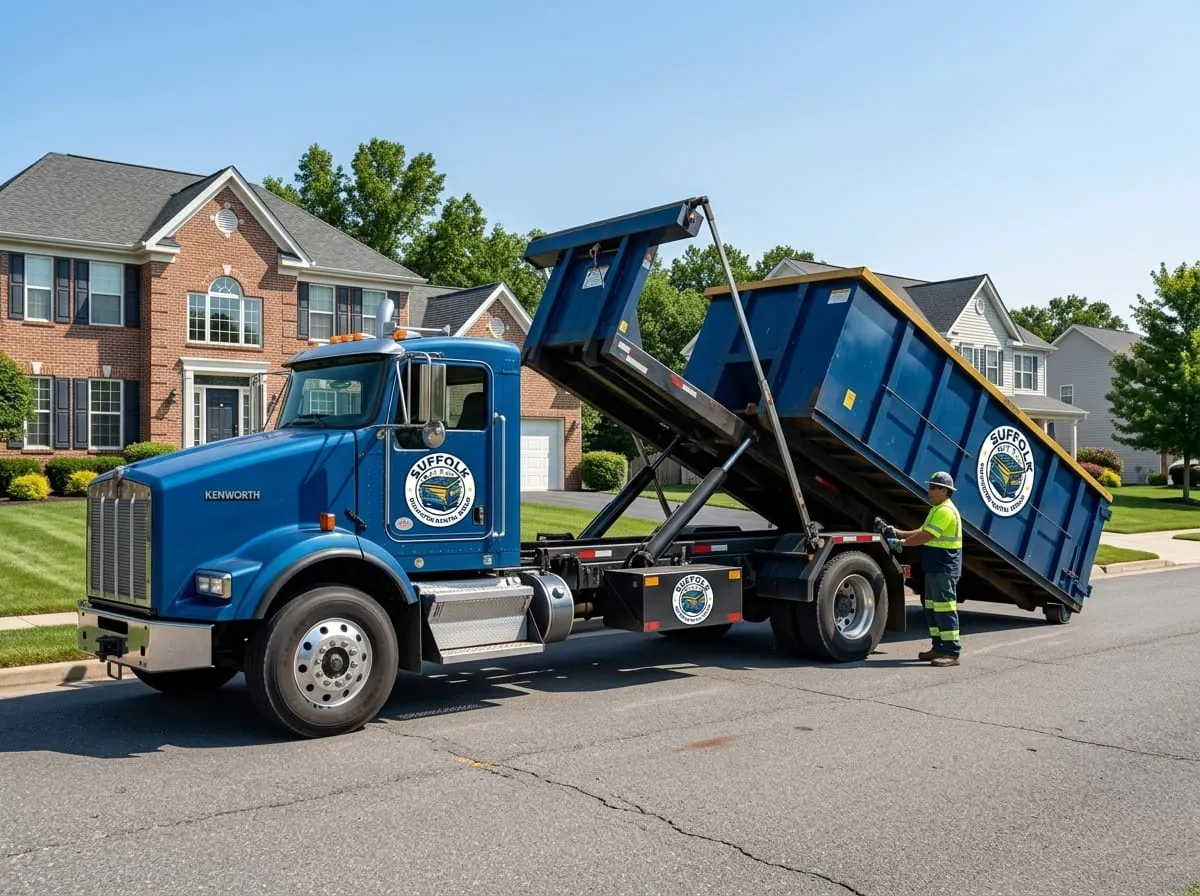 Roll-off construction dumpster being loaded onto a Suffolk Dumpster Rental Group truck