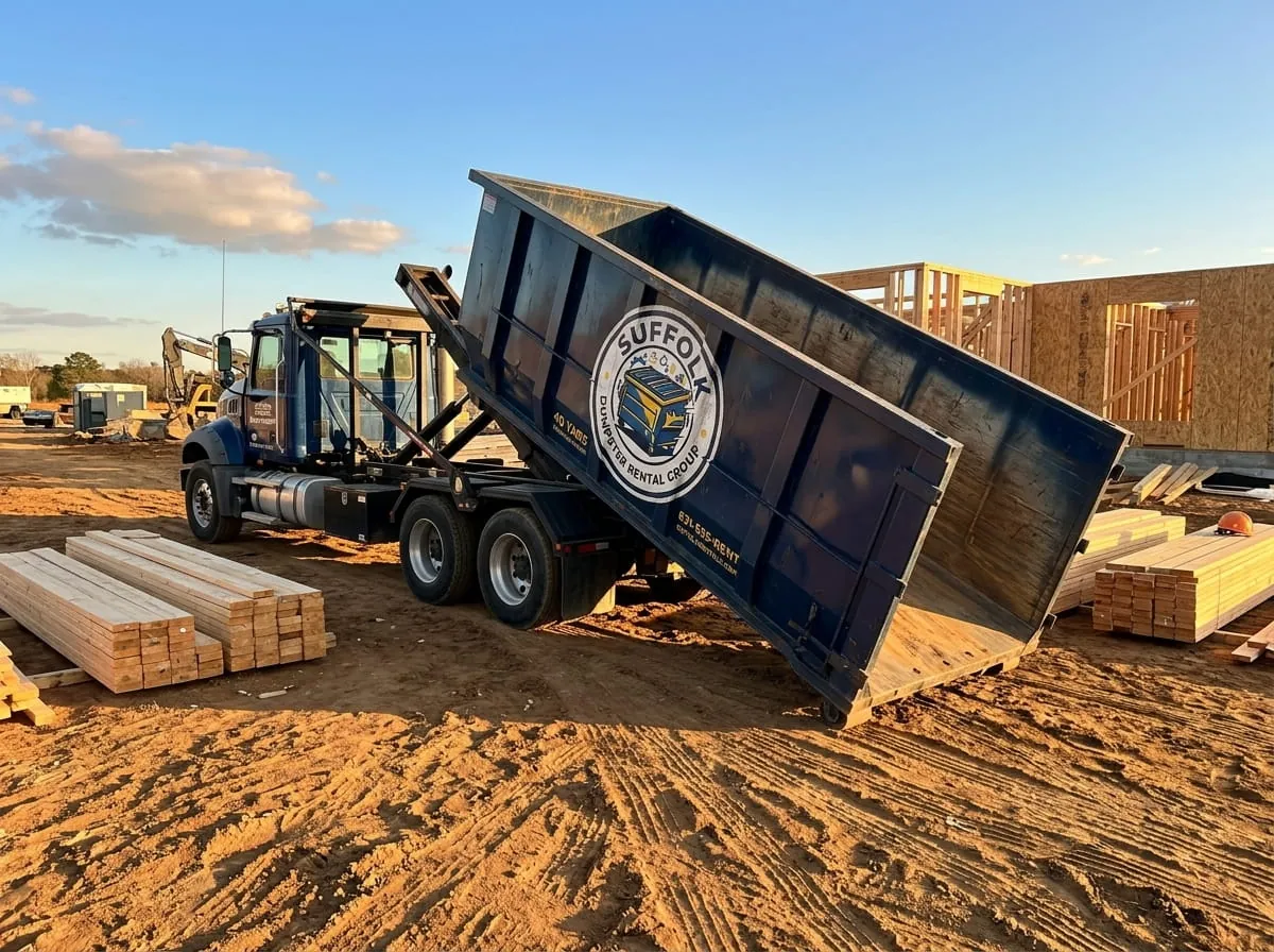 Suffolk Dumpster Rental Group team member beside a roll-off dumpster in Suffolk, VA